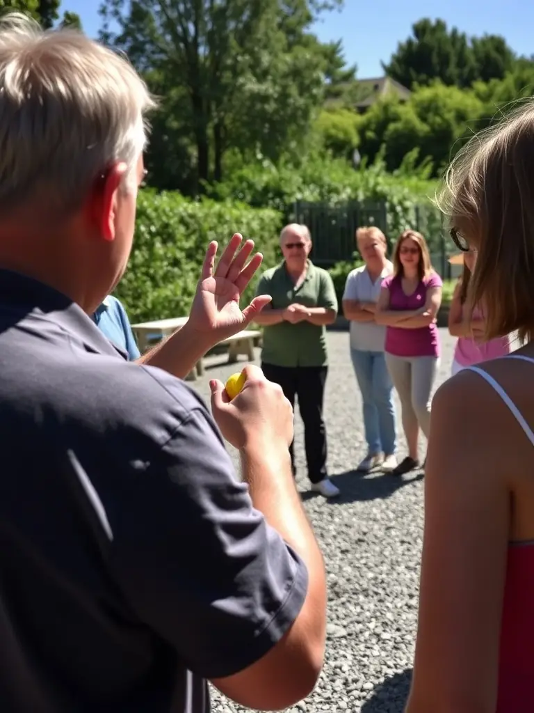 A picture of a pétanque workshop, with an instructor demonstrating techniques to participants, focusing on grip, stance, and throwing accuracy.