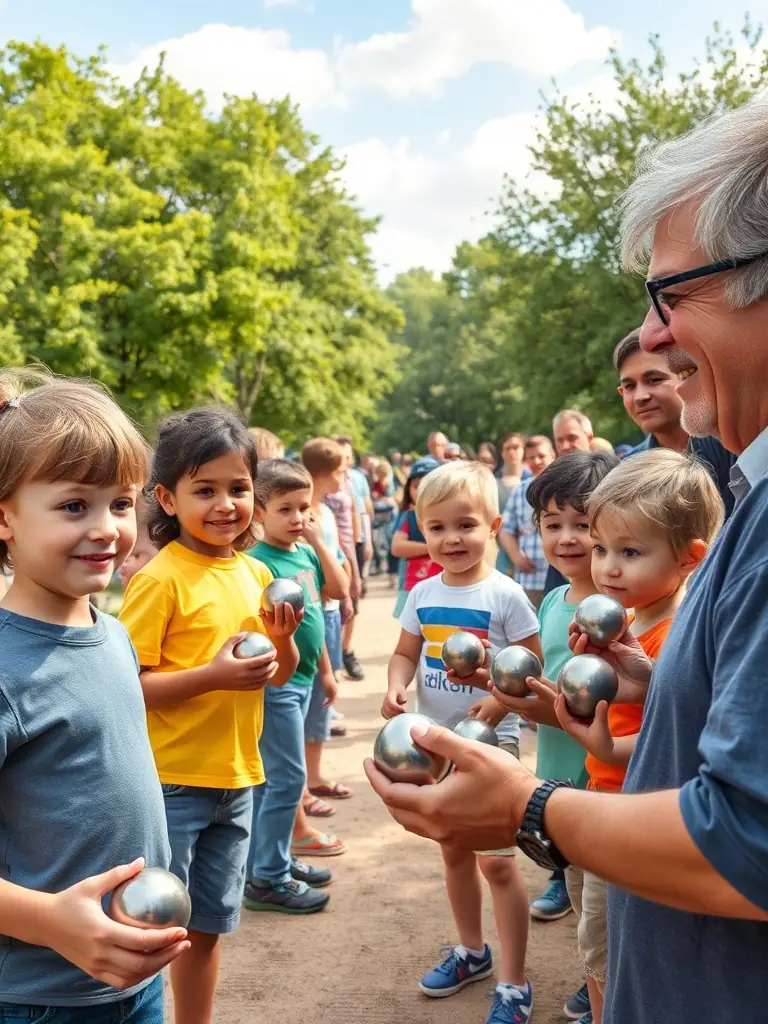 A photo of a community event where A.P.T.A. is offering pétanque demonstrations and introductory games to newcomers, with children and adults participating.