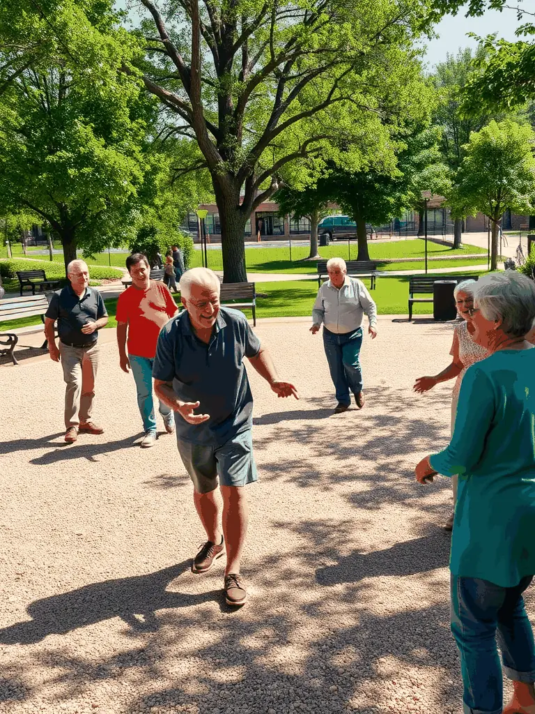 A photograph capturing a lively pétanque game in progress, with players of different ages and backgrounds participating, set against the backdrop of a sunny day in Thuit Anger.