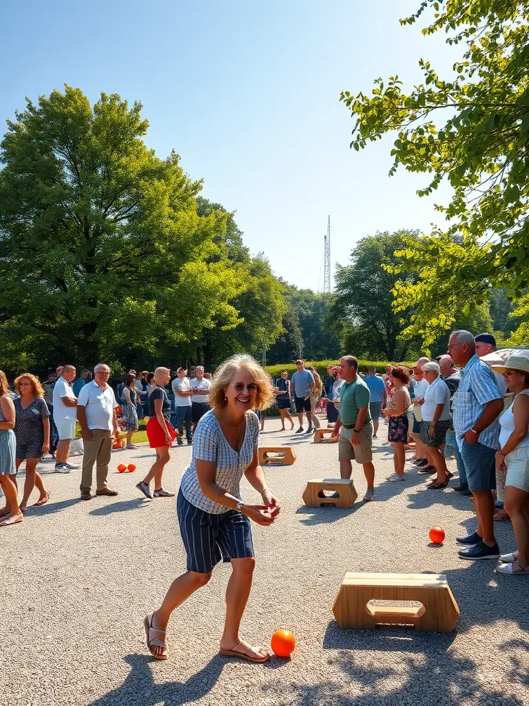 A photograph capturing the excitement of a pétanque tournament, with players focused and spectators cheering.
