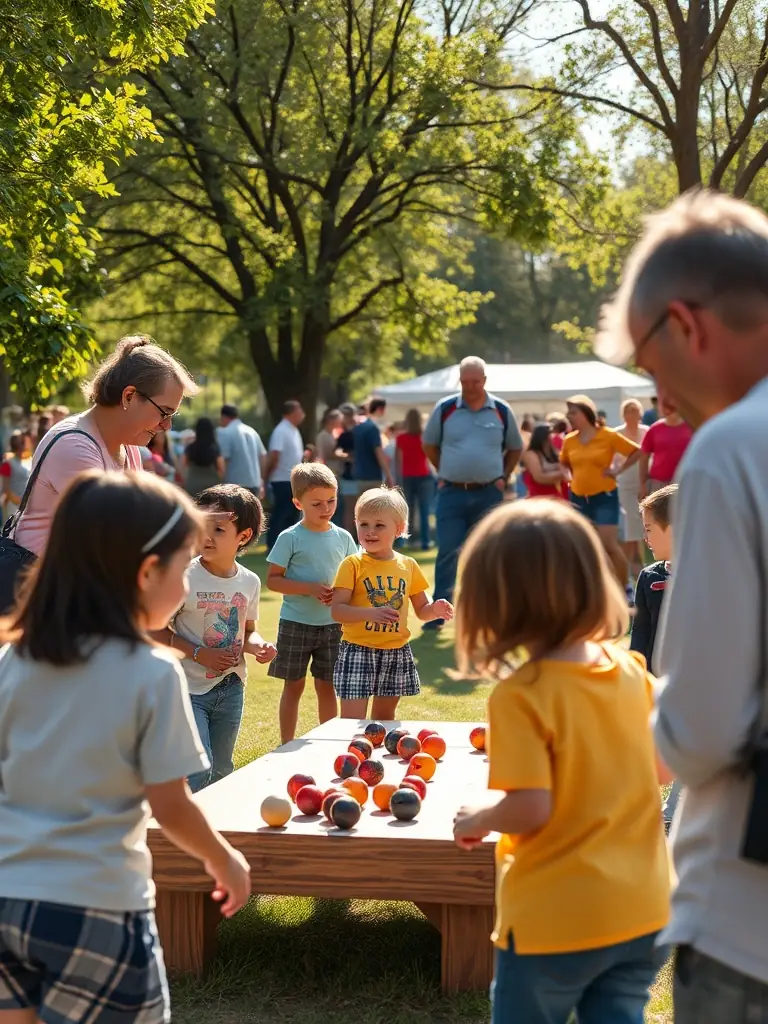 A picture of a community event organized by A.P.T.A., showing people enjoying pétanque alongside other activities like picnics or music.