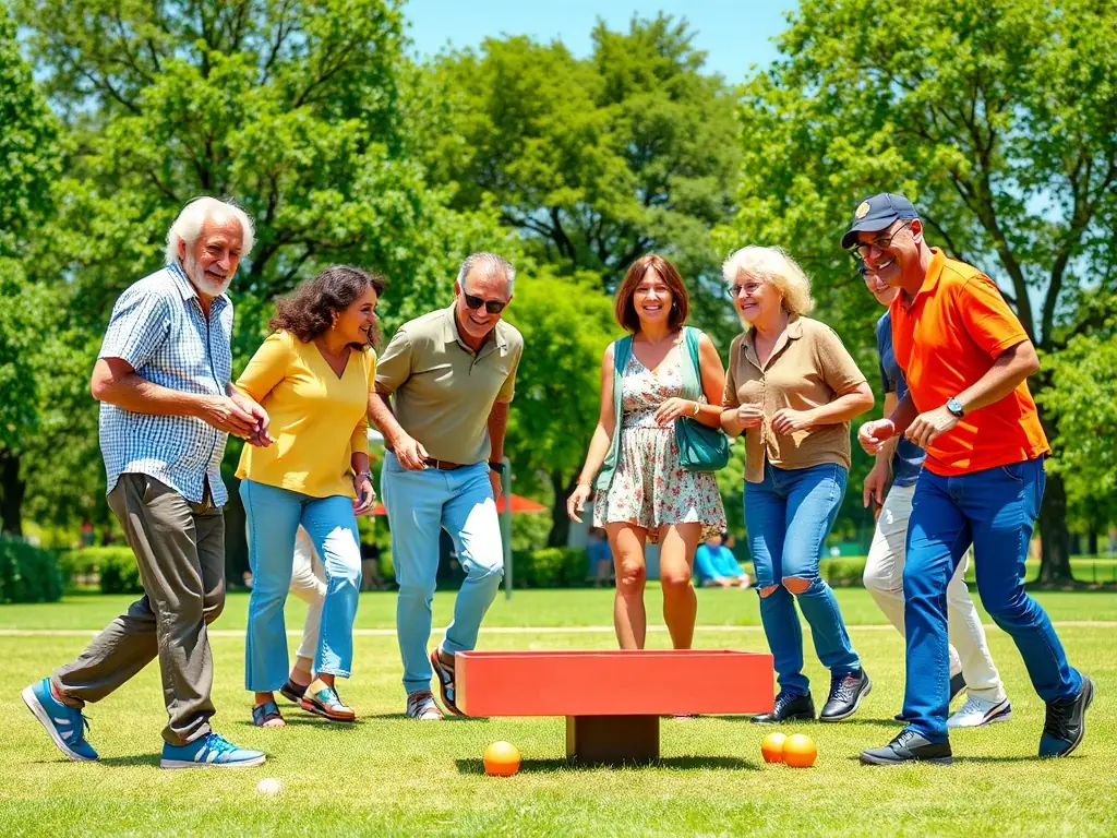A group of people of different ages and backgrounds laughing and playing pétanque in a park, showcasing the social aspect of the game.