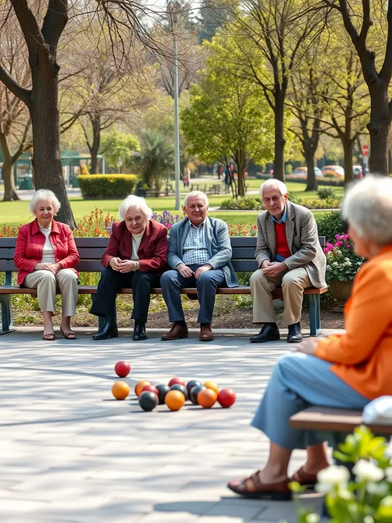 A vibrant image of a group of people of various ages playing pétanque in a park, showcasing the inclusive nature of the sport and the community spirit fostered by A.P.T.A.